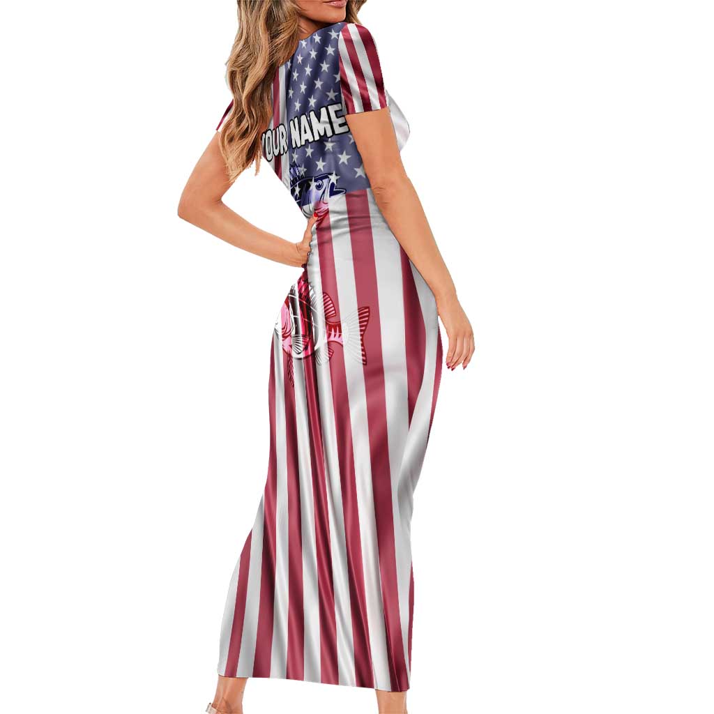 Fishing Fish Hook American Flag Short Sleeve Bodycon Dress Custom Name Graphic in Patriotic Striped Theme - Wonder Print Shop