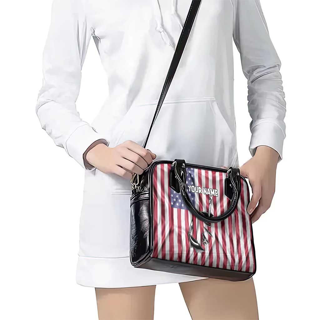 Fishing Fish Hook American Flag Shoulder Handbag Custom Name Graphic in Patriotic Striped Theme - Wonder Print Shop