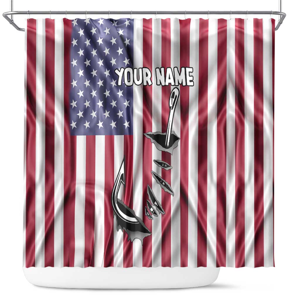 Fishing Fish Hook American Flag Shower Curtain Custom Name Graphic in Patriotic Striped Theme - Wonder Print Shop