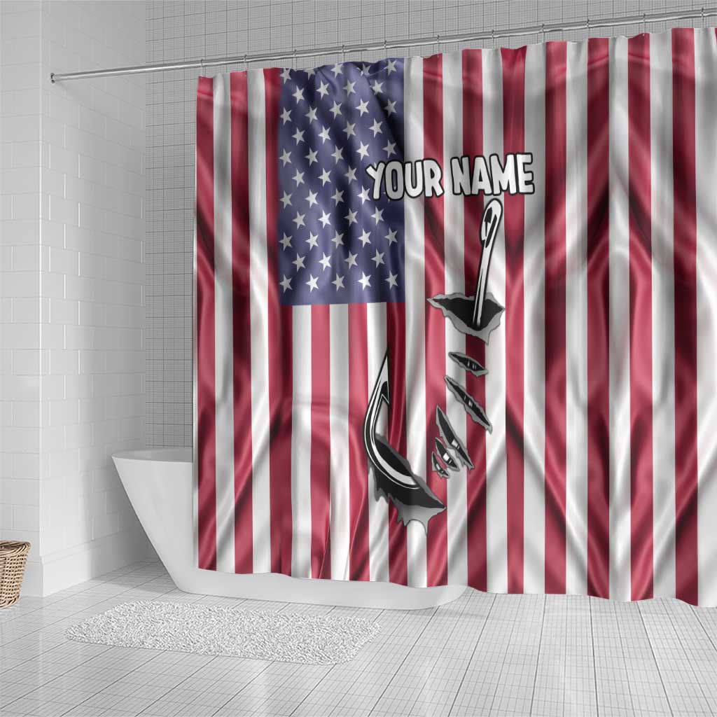 Fishing Fish Hook American Flag Shower Curtain Custom Name Graphic in Patriotic Striped Theme - Wonder Print Shop