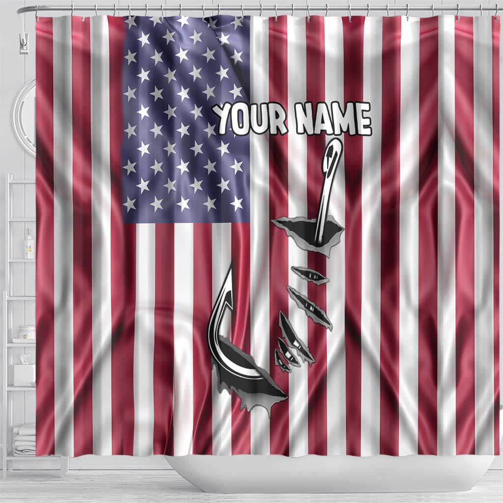 Fishing Fish Hook American Flag Shower Curtain Custom Name Graphic in Patriotic Striped Theme - Wonder Print Shop