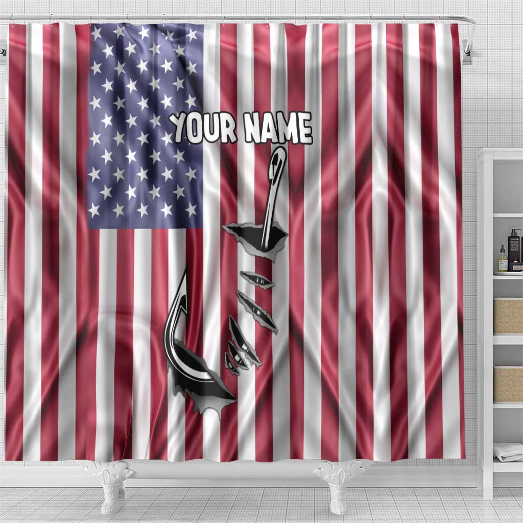 Fishing Fish Hook American Flag Shower Curtain Custom Name Graphic in Patriotic Striped Theme - Wonder Print Shop
