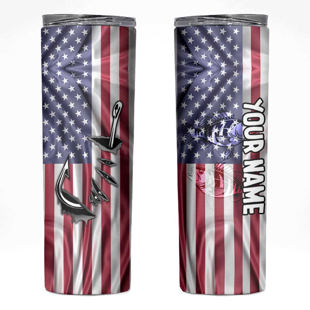 Fishing Fish Hook American Flag Skinny Tumbler Custom Name Graphic in Patriotic Striped Theme - Wonder Print Shop