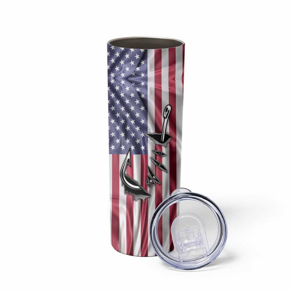 Fishing Fish Hook American Flag Skinny Tumbler Custom Name Graphic in Patriotic Striped Theme - Wonder Print Shop