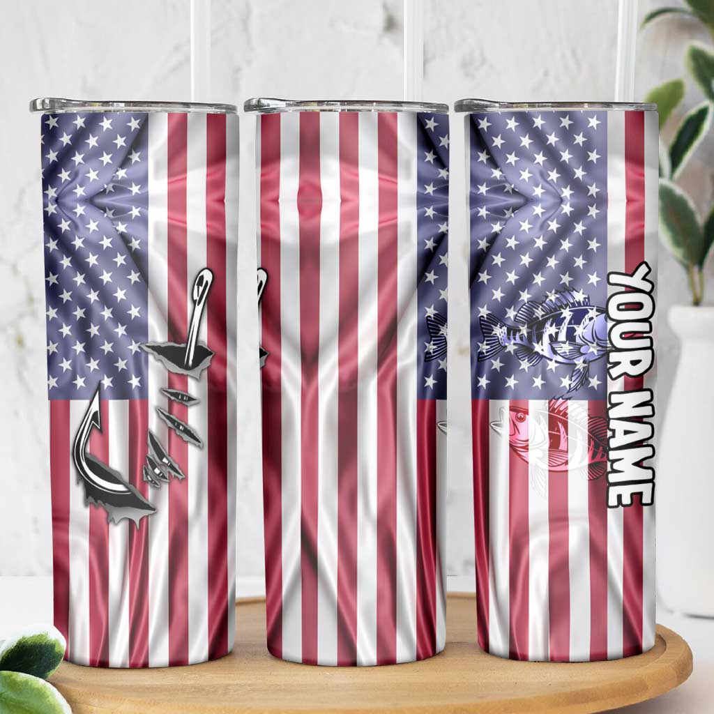 Fishing Fish Hook American Flag Skinny Tumbler Custom Name Graphic in Patriotic Striped Theme - Wonder Print Shop