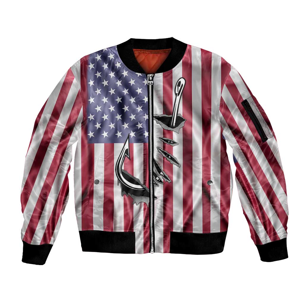 Fishing Fish Hook American Flag Sleeve Zip Bomber Jacket Custom Name Graphic in Patriotic Striped Theme - Wonder Print Shop
