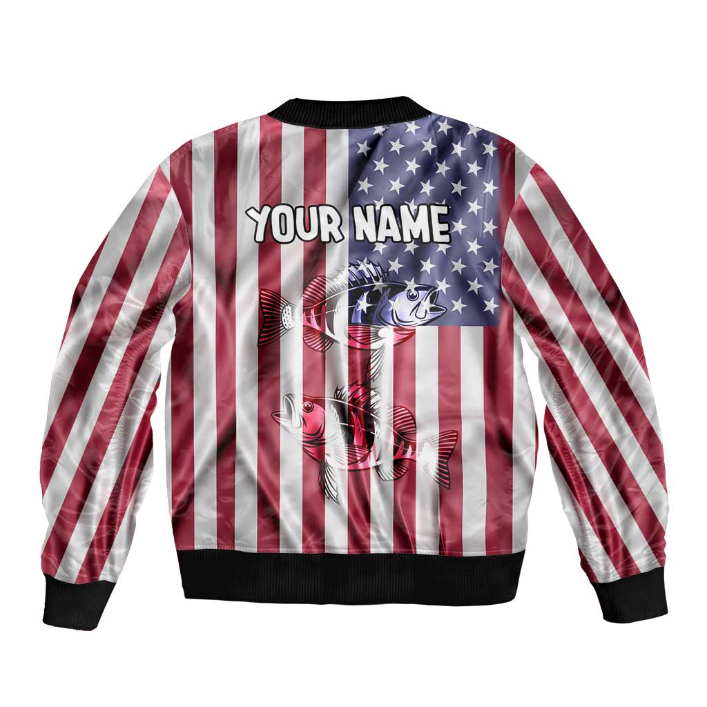 Fishing Fish Hook American Flag Sleeve Zip Bomber Jacket Custom Name Graphic in Patriotic Striped Theme - Wonder Print Shop