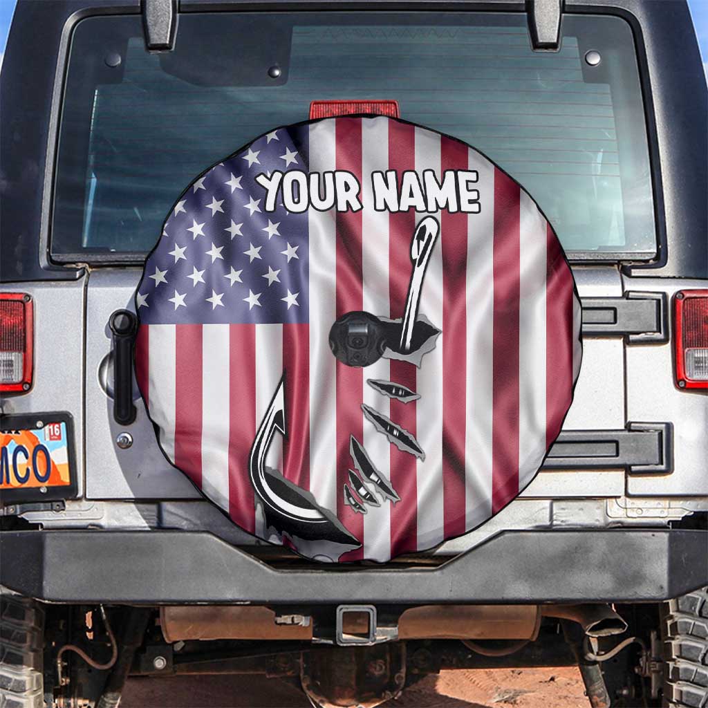 Fishing Fish Hook American Flag Spare Tire Cover Custom Name Graphic in Patriotic Striped Theme - Wonder Print Shop