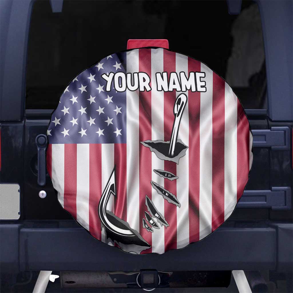 Fishing Fish Hook American Flag Spare Tire Cover Custom Name Graphic in Patriotic Striped Theme - Wonder Print Shop