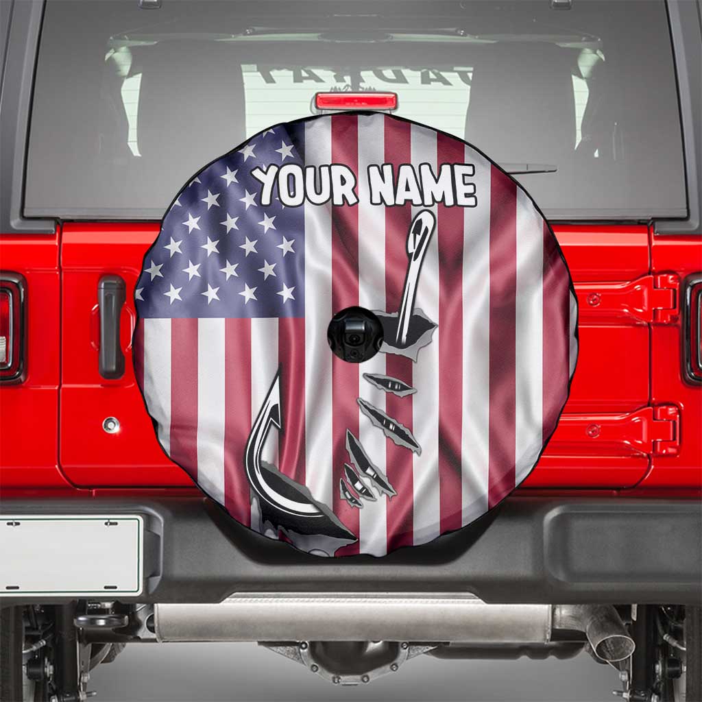 Fishing Fish Hook American Flag Spare Tire Cover Custom Name Graphic in Patriotic Striped Theme - Wonder Print Shop