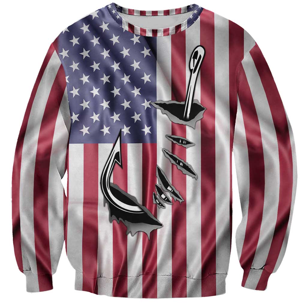 Fishing Fish Hook American Flag Sweatshirt Custom Name Graphic in Patriotic Striped Theme - Wonder Print Shop
