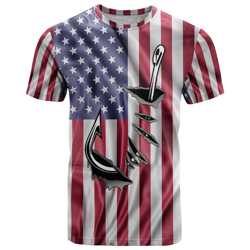 Fishing Fish Hook American Flag T Shirt Custom Name Graphic in Patriotic Striped Theme - Wonder Print Shop