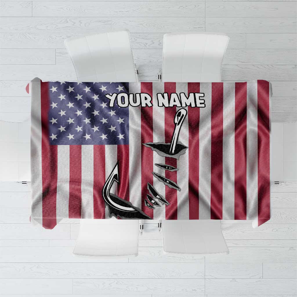 Fishing Fish Hook American Flag Tablecloth Custom Name Graphic in Patriotic Striped Theme - Wonder Print Shop