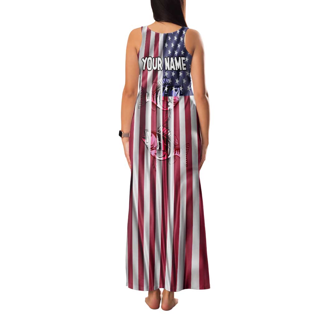 Fishing Fish Hook American Flag Tank Maxi Dress Custom Name Graphic in Patriotic Striped Theme - Wonder Print Shop