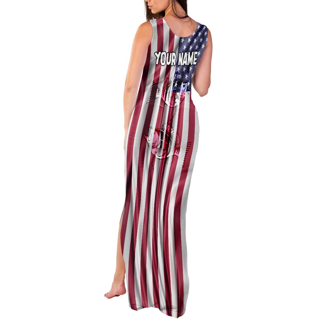 Fishing Fish Hook American Flag Tank Maxi Dress Custom Name Graphic in Patriotic Striped Theme - Wonder Print Shop