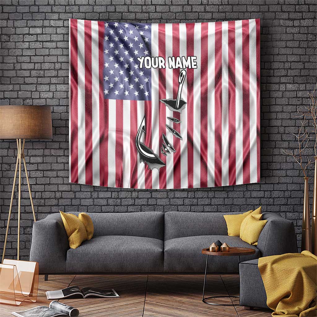 Fishing Fish Hook American Flag Tapestry Custom Name Graphic in Patriotic Striped Theme - Wonder Print Shop