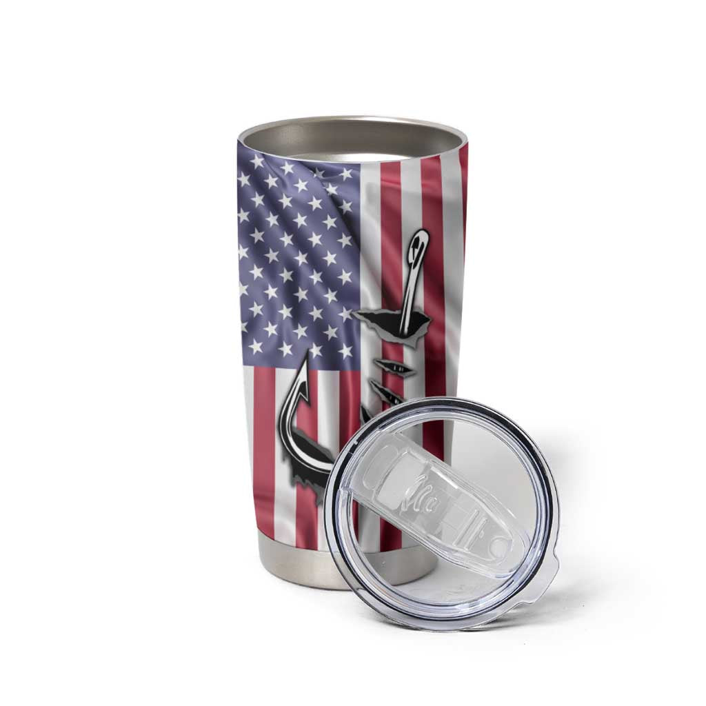 Fishing Fish Hook American Flag Tumbler Cup Custom Name Graphic in Patriotic Striped Theme - Wonder Print Shop