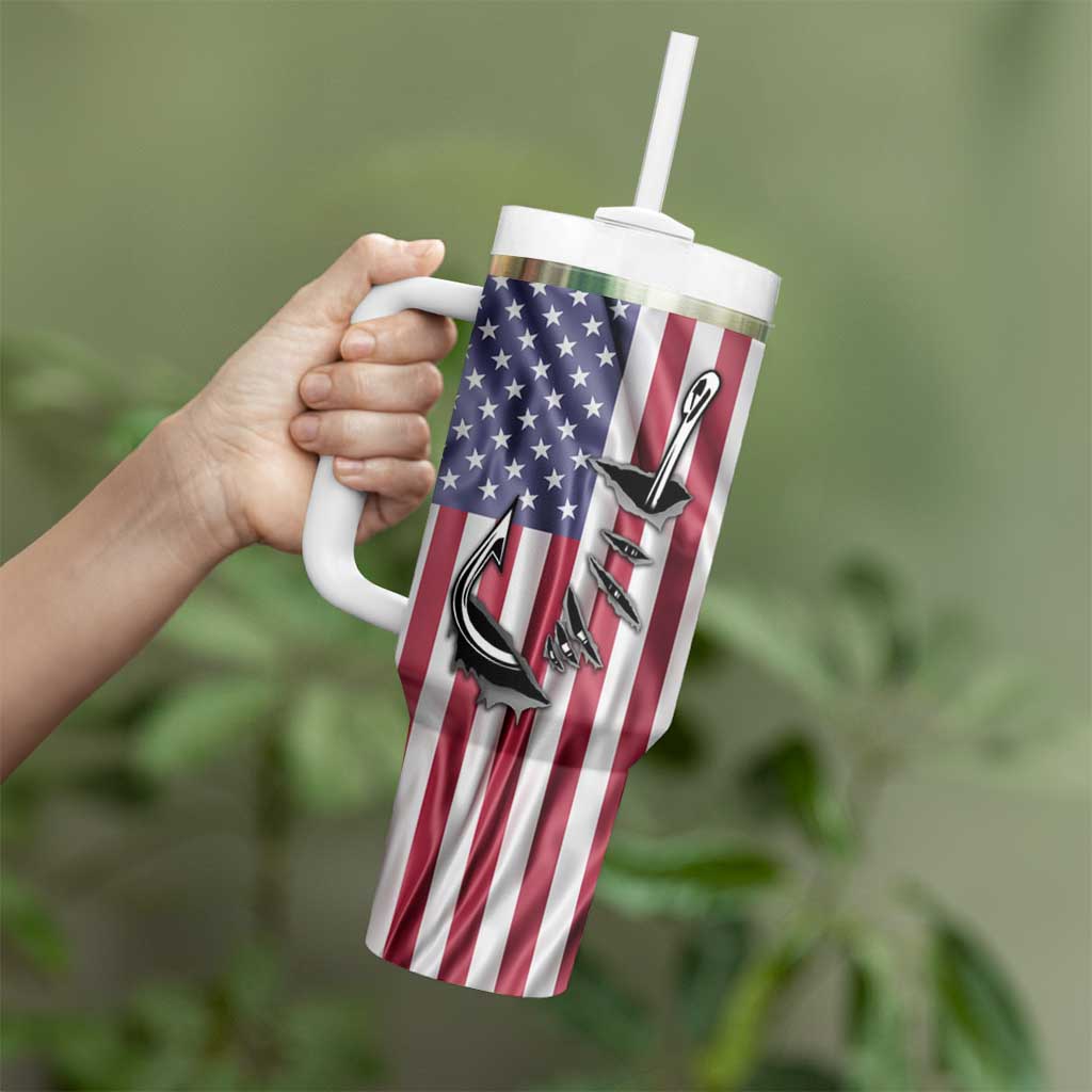 Fishing Fish Hook American Flag Tumbler With Handle Custom Name Graphic in Patriotic Striped Theme - Wonder Print Shop