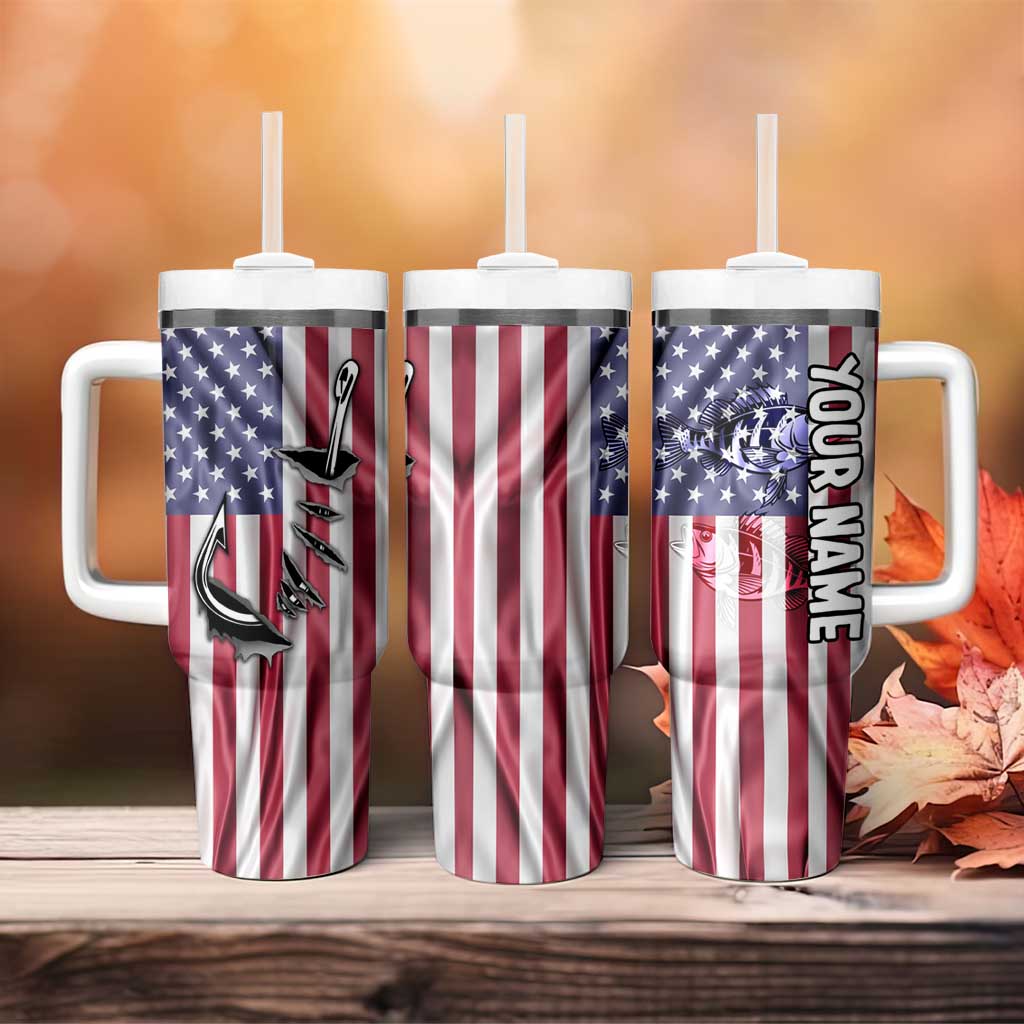 Fishing Fish Hook American Flag Tumbler With Handle Custom Name Graphic in Patriotic Striped Theme - Wonder Print Shop