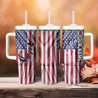 Fishing Fish Hook American Flag Tumbler With Handle Custom Name Graphic in Patriotic Striped Theme - Wonder Print Shop