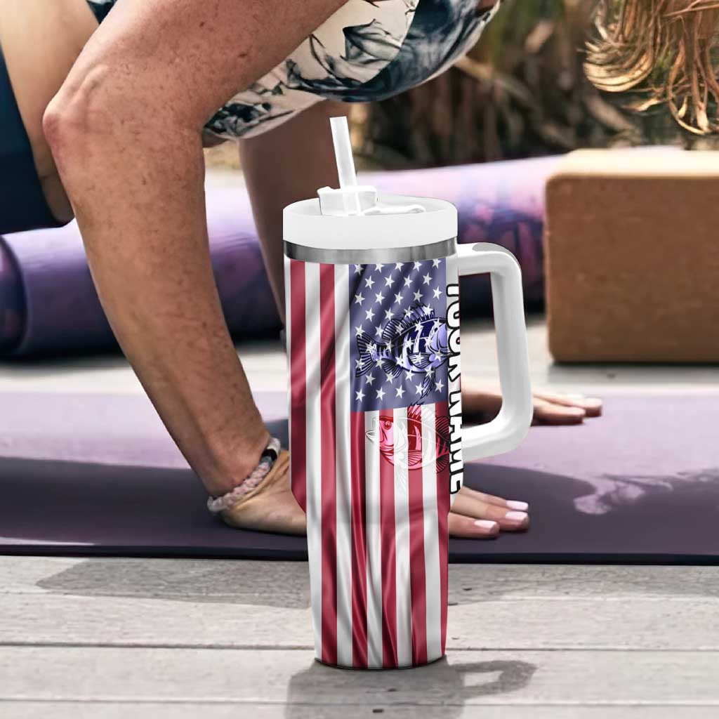 Fishing Fish Hook American Flag Tumbler With Handle Custom Name Graphic in Patriotic Striped Theme - Wonder Print Shop