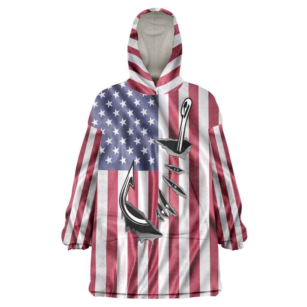 Fishing Fish Hook American Flag Wearable Blanket Hoodie Custom Name Graphic in Patriotic Striped Theme - Wonder Print Shop