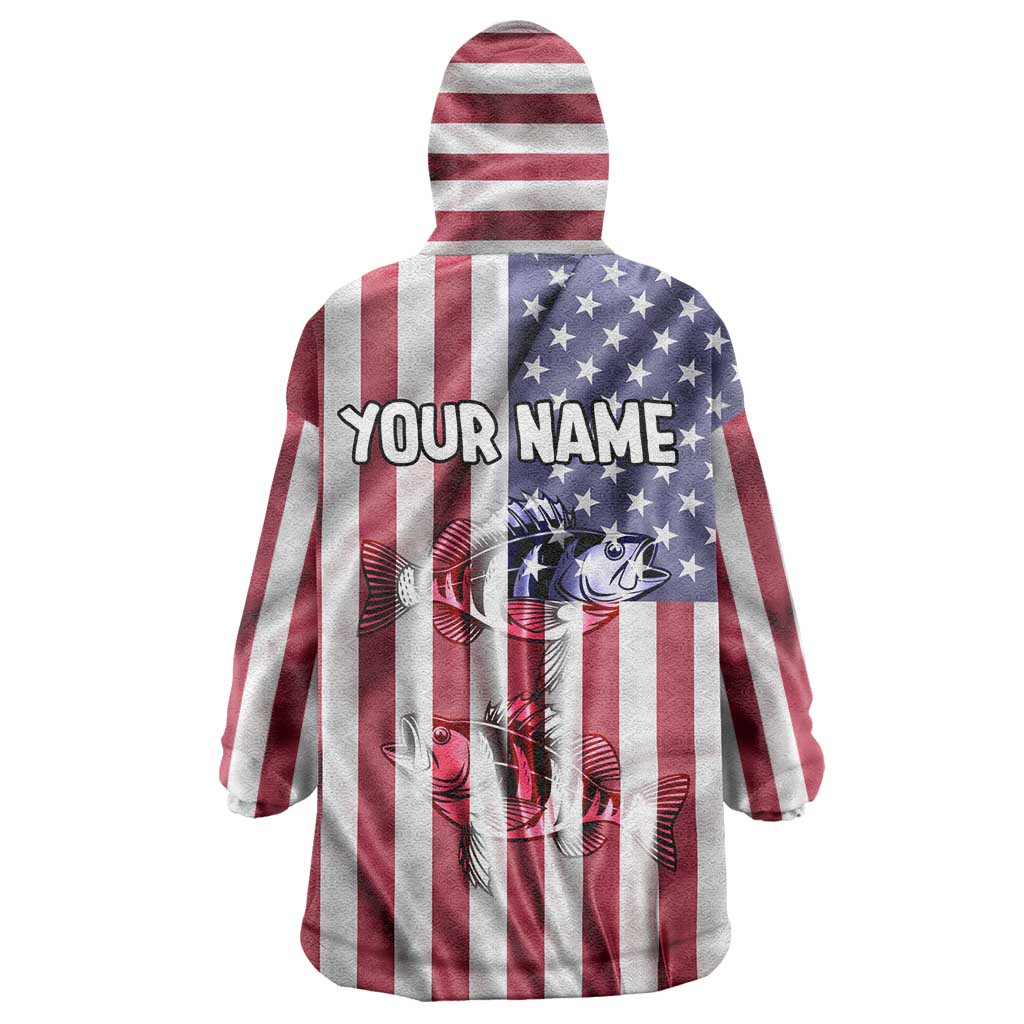 Fishing Fish Hook American Flag Wearable Blanket Hoodie Custom Name Graphic in Patriotic Striped Theme - Wonder Print Shop