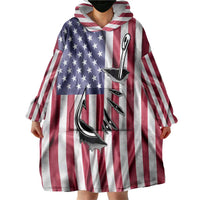 Fishing Fish Hook American Flag Wearable Blanket Hoodie Custom Name Graphic in Patriotic Striped Theme - Wonder Print Shop