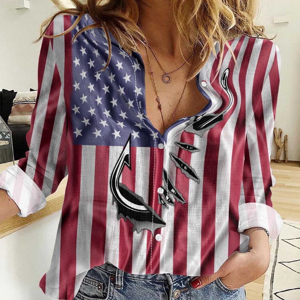 Fishing Fish Hook American Flag Women Casual Shirt Custom Name Graphic in Patriotic Striped Theme - Wonder Print Shop