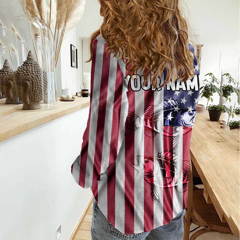 Fishing Fish Hook American Flag Women Casual Shirt Custom Name Graphic in Patriotic Striped Theme - Wonder Print Shop