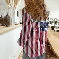 Fishing Fish Hook American Flag Women Casual Shirt Custom Name Graphic in Patriotic Striped Theme - Wonder Print Shop