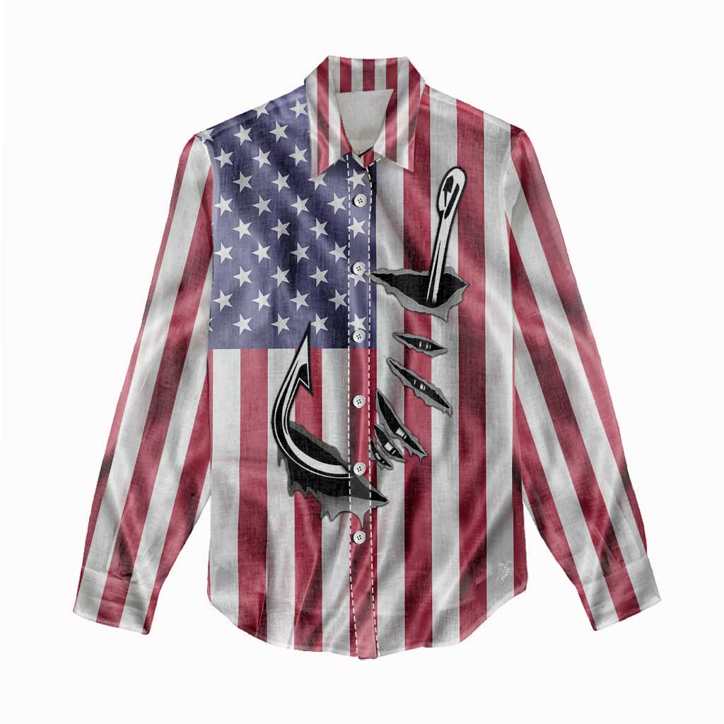 Fishing Fish Hook American Flag Women Casual Shirt Custom Name Graphic in Patriotic Striped Theme - Wonder Print Shop