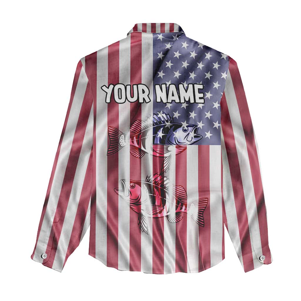 Fishing Fish Hook American Flag Women Casual Shirt Custom Name Graphic in Patriotic Striped Theme - Wonder Print Shop