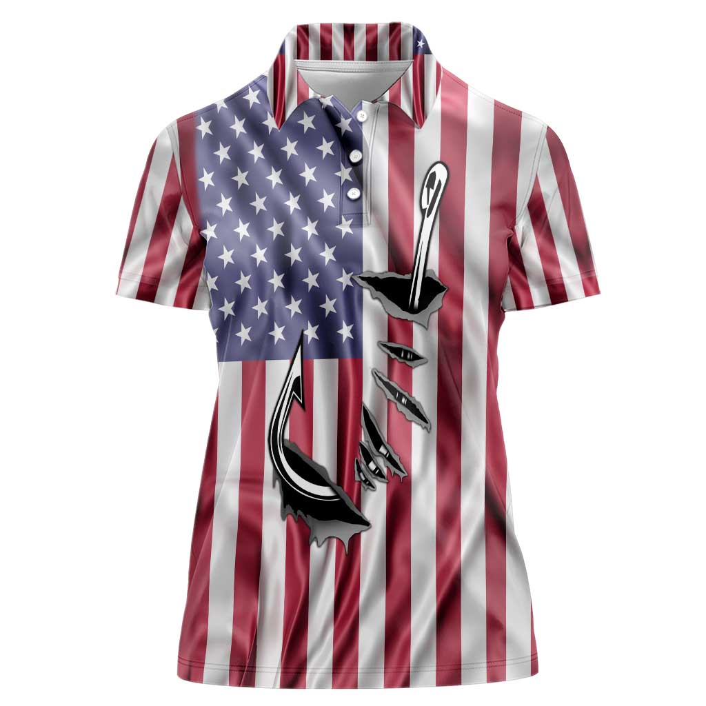 Fishing Fish Hook American Flag Women Polo Shirt Custom Name Graphic in Patriotic Striped Theme - Wonder Print Shop