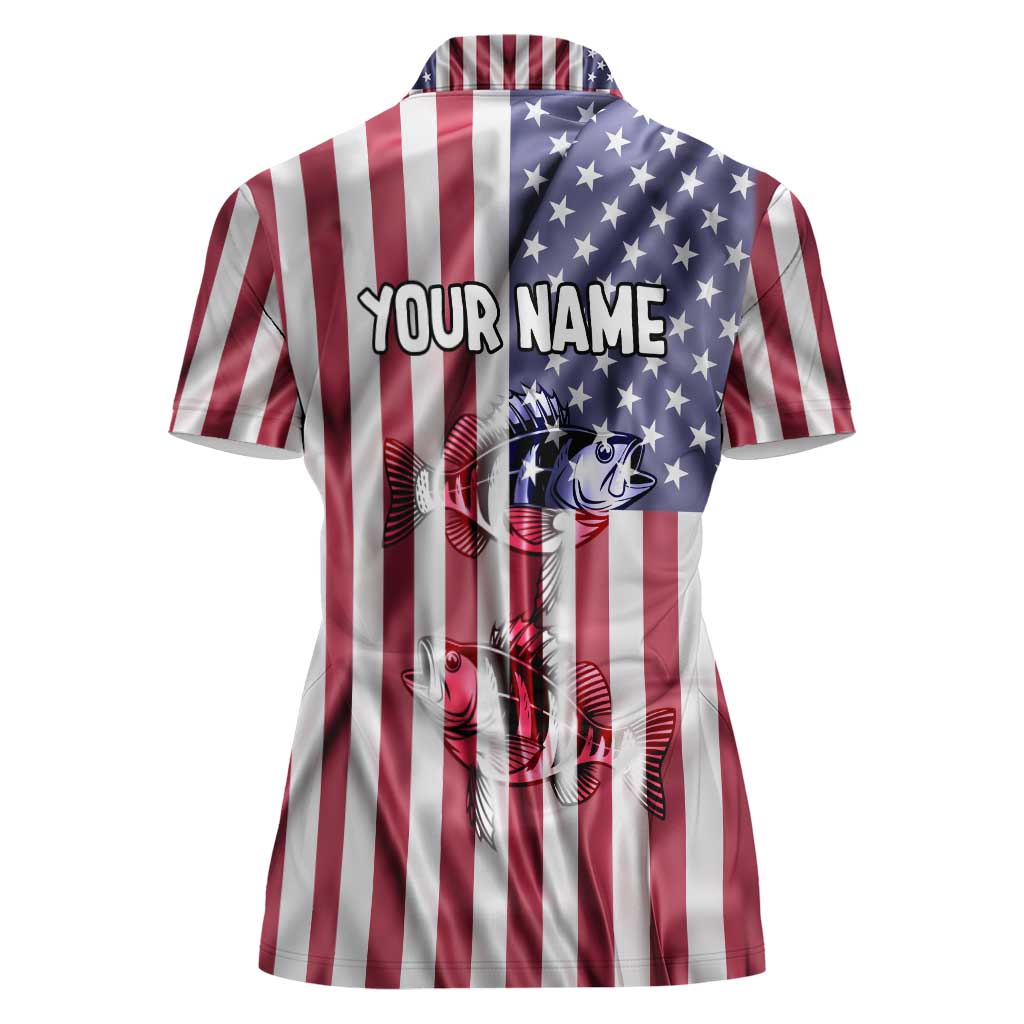 Fishing Fish Hook American Flag Women Polo Shirt Custom Name Graphic in Patriotic Striped Theme - Wonder Print Shop