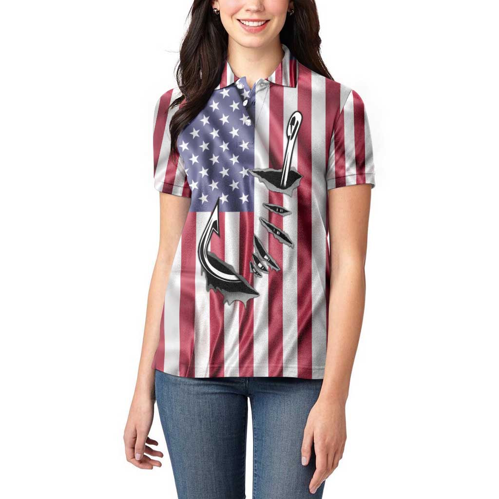 Fishing Fish Hook American Flag Women Polo Shirt Custom Name Graphic in Patriotic Striped Theme - Wonder Print Shop