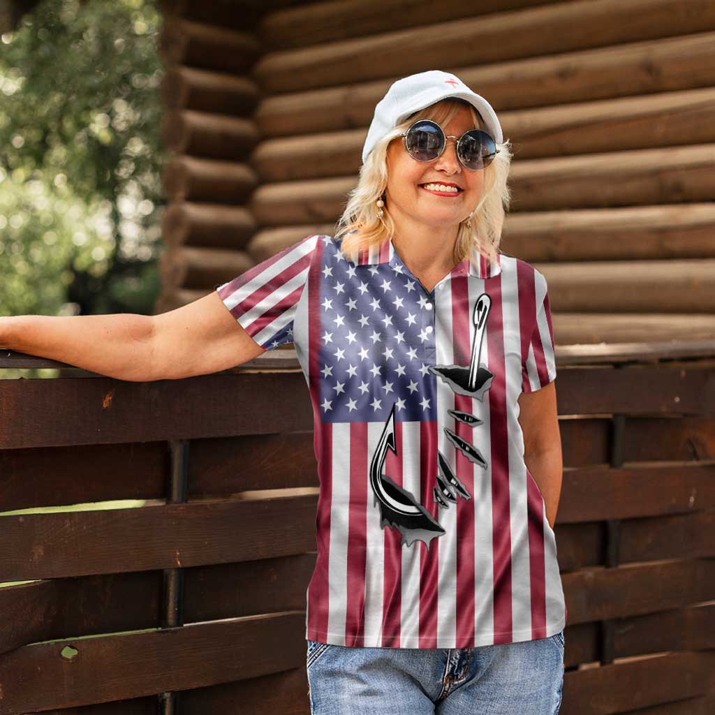 Fishing Fish Hook American Flag Women Polo Shirt Custom Name Graphic in Patriotic Striped Theme - Wonder Print Shop