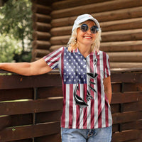Fishing Fish Hook American Flag Women Polo Shirt Custom Name Graphic in Patriotic Striped Theme - Wonder Print Shop