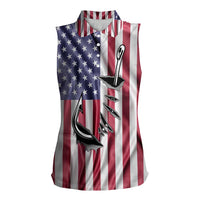 Fishing Fish Hook American Flag Women Sleeveless Polo Shirt Custom Name Graphic in Patriotic Striped Theme - Wonder Print Shop