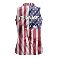 Fishing Fish Hook American Flag Women Sleeveless Polo Shirt Custom Name Graphic in Patriotic Striped Theme - Wonder Print Shop