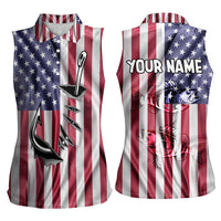 Fishing Fish Hook American Flag Women Sleeveless Polo Shirt Custom Name Graphic in Patriotic Striped Theme - Wonder Print Shop