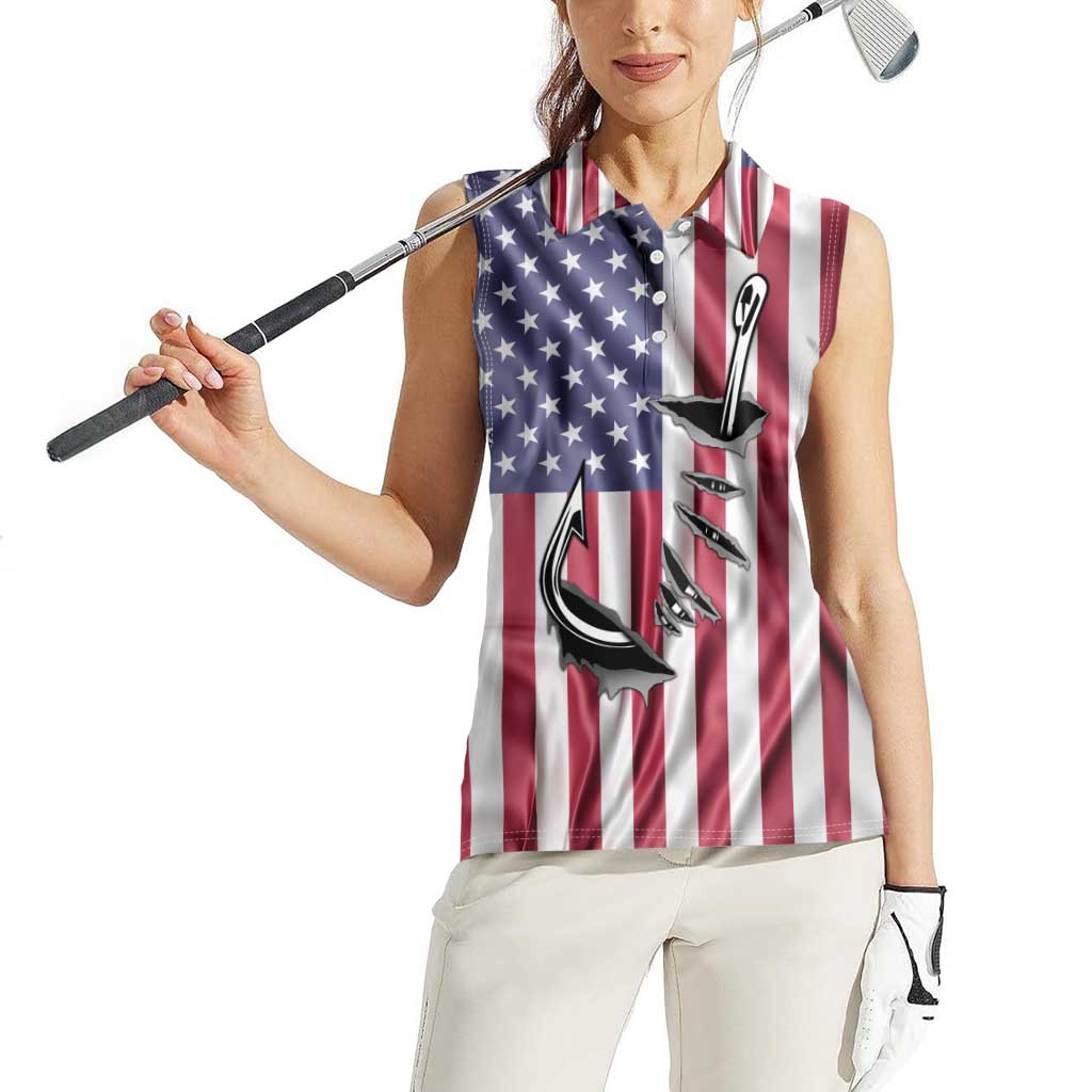 Fishing Fish Hook American Flag Women Sleeveless Polo Shirt Custom Name Graphic in Patriotic Striped Theme - Wonder Print Shop