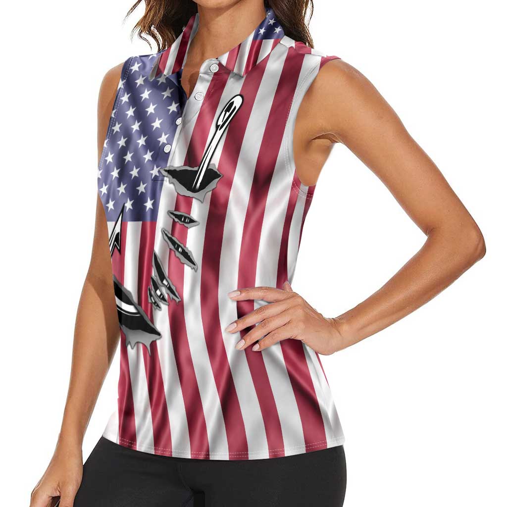 Fishing Fish Hook American Flag Women Sleeveless Polo Shirt Custom Name Graphic in Patriotic Striped Theme - Wonder Print Shop