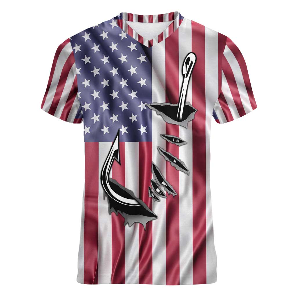 Fishing Fish Hook American Flag Women V-Neck T-Shirt Custom Name Graphic in Patriotic Striped Theme - Wonder Print Shop
