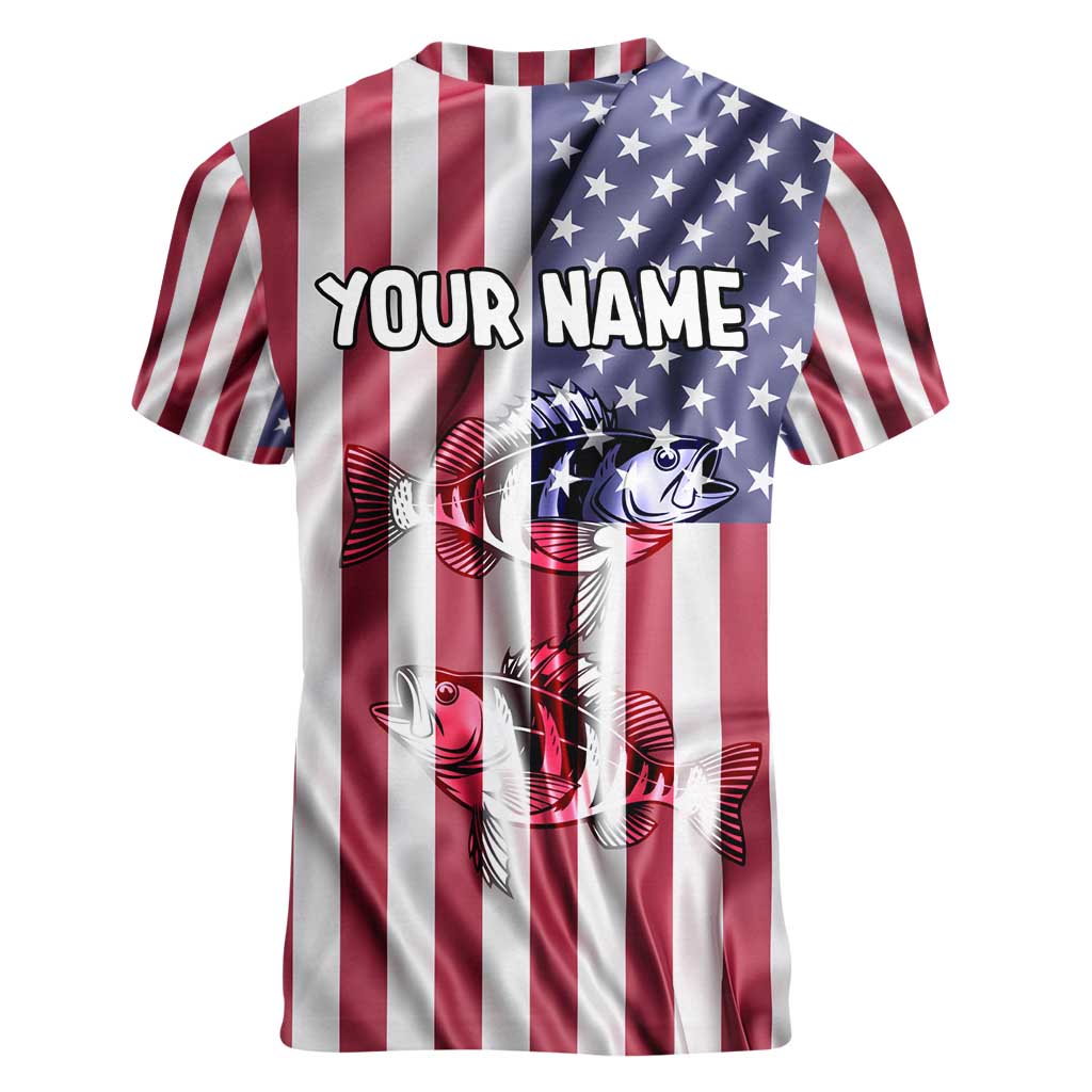 Fishing Fish Hook American Flag Women V-Neck T-Shirt Custom Name Graphic in Patriotic Striped Theme - Wonder Print Shop