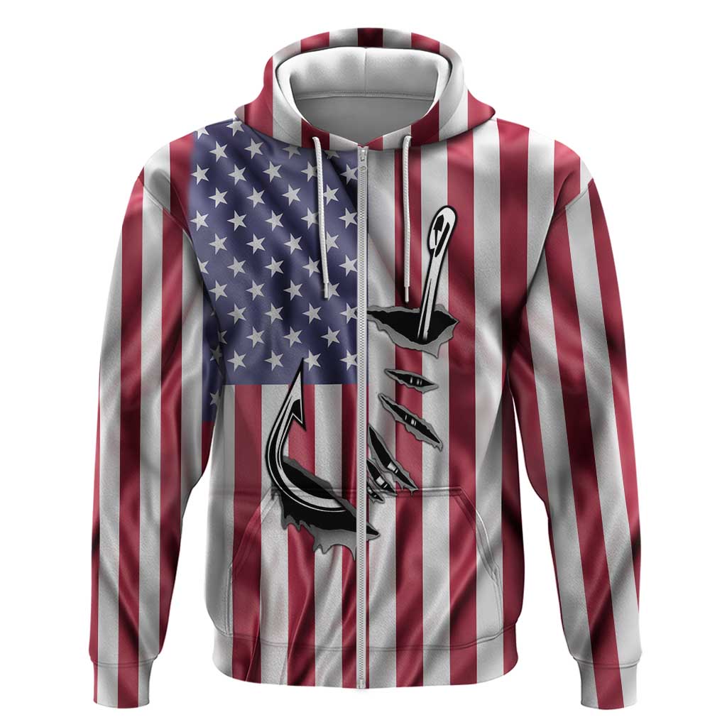 Fishing Fish Hook American Flag Zip Hoodie Custom Name Graphic in Patriotic Striped Theme - Wonder Print Shop