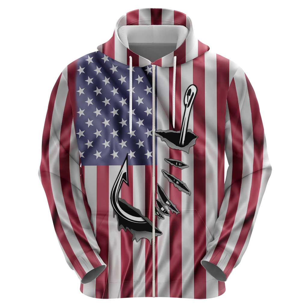 Fishing Fish Hook American Flag Zip Hoodie Custom Name Graphic in Patriotic Striped Theme - Wonder Print Shop