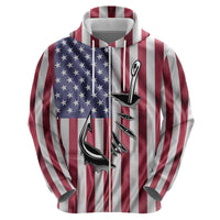 Fishing Fish Hook American Flag Zip Hoodie Custom Name Graphic in Patriotic Striped Theme - Wonder Print Shop