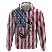Fishing Fish Hook American Flag Zip Hoodie Custom Name Graphic in Patriotic Striped Theme - Wonder Print Shop