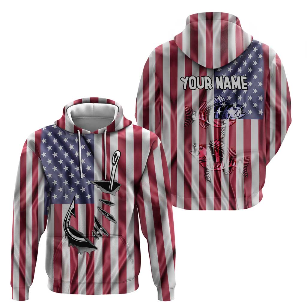Fishing Fish Hook American Flag Zip Hoodie Custom Name Graphic in Patriotic Striped Theme - Wonder Print Shop